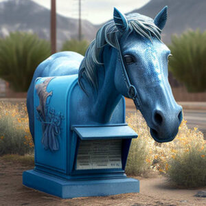 Ernie, the Unheardof books Email Horse.  He is blue, and he is a blue head horse with a mailbox body in a weedy parking lot.