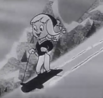 Rider standing on sled, from 1954 Wheaties Commercial, Winter Edition