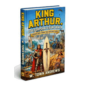 King Arthur – Jive Corporate Surf Biker Book Cover Illustration. Dispatches from the Rotund Table. A sworded surfboard upended in the sand, King Arthur in Full Armor, Motorcycles, Merlin in a ZootSuit, Valley Girl Wahine, Surfers, Castles in the Distance, Motorcycles too. A horse looks on from a distant cliff. Sax and Water Cooler.